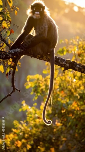 Gray langur monkey sits on a branch with golden sunlight illuminating its fur, with leaves and foliage in the background