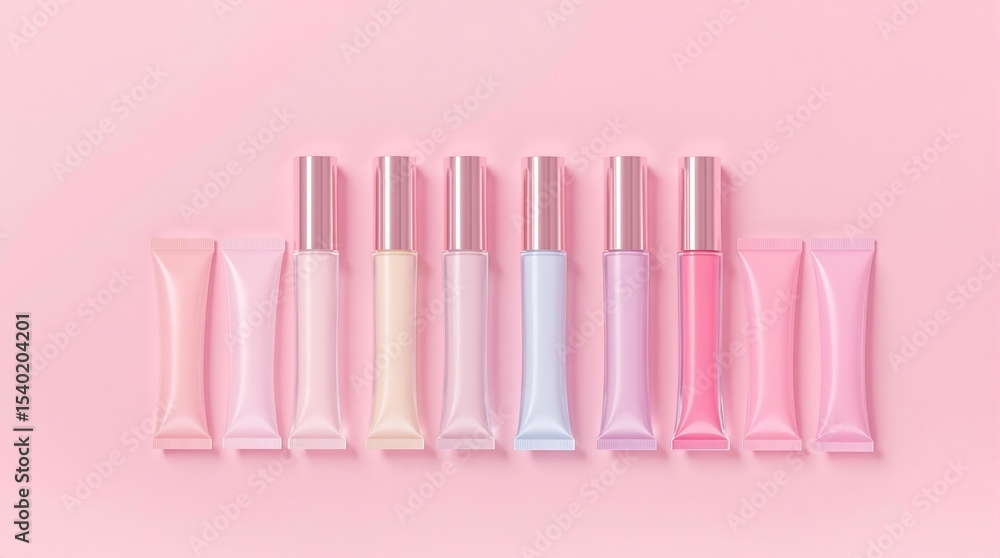 Pastel colored lip gloss tubes and squeeze packs arranged neatly on a pink background studio shot Pastel colored lip gloss tubes and squeeze packs arranged neatly on a pink background studio shot