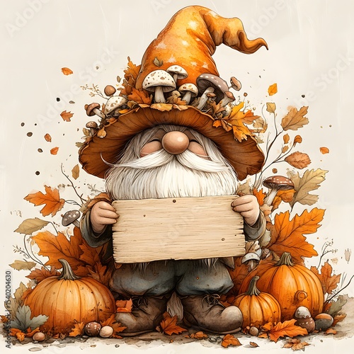 Charming autumn gnome surrounded by pumpkins, leaves, and mushrooms in a delightful harvest setting