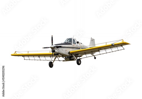 White and Black Crop Duster Plane with Yellow Spray Booms Isolated on White Background Agricultural Aviation