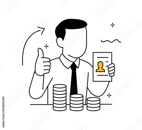 Successful businessman illustration. Man holding resume and showing thumbs up. Career approval and money concept