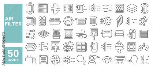 Set of 50 line icons related to air filter, purification, filtration, purifier, sterilization, vent, airflow, Editable stroke. Vector illustration