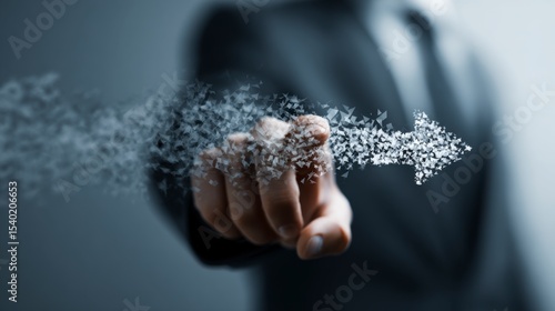 Businessman in formal suit pointing with finger with digital arrow made of particles or dust flying in the air representing technology innovation and digital transformation