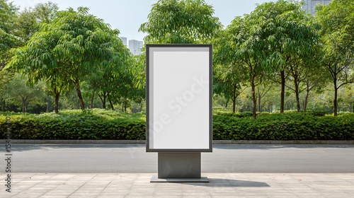 An empty advertising board in front of a row of vibrant trees, and a blue sky backdrop. The advertisement is empty, waiting for content to be displayed.