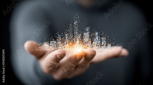 Close-up of a person's hand holding glowing particles and sparkles illuminated by warm light creating a magical and futuristic effect with a dark blurred background