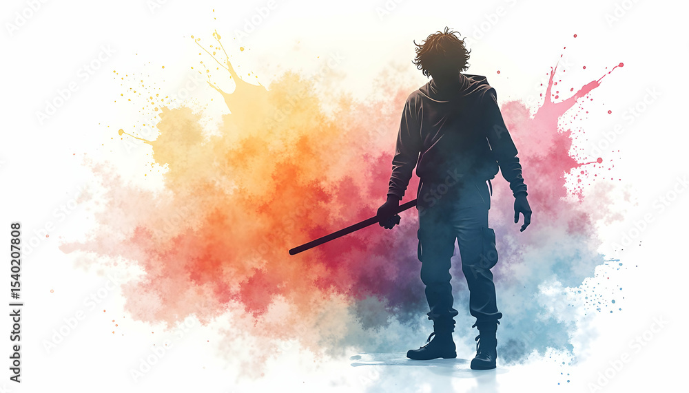 Naklejka premium Person Holding Stick Silhouette Against Colorful Abstract Background