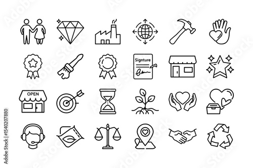 Ethical Product Line Icons. Sustainability, Fair Trade, Eco-Friendly, Charity, Business Ethics, and More Vector Illustration. Editable Stroke.