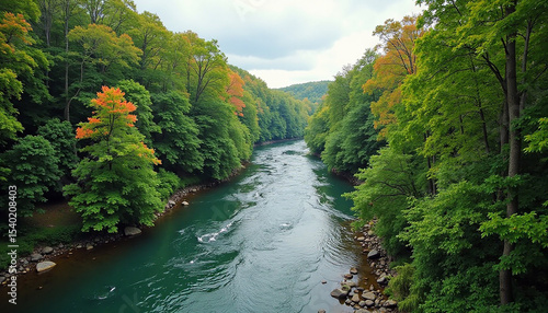 A tranquil river winding through a lush, colorful forest valley.