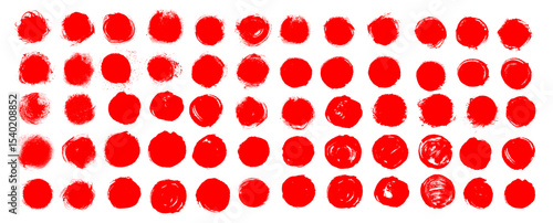 Japanese flag brush paint circles. Vector grungy red ink hand drawn textured punk style round shapes. Artistic Chinese or Korean design elements. Sun symbols. Each circle is united and isolated