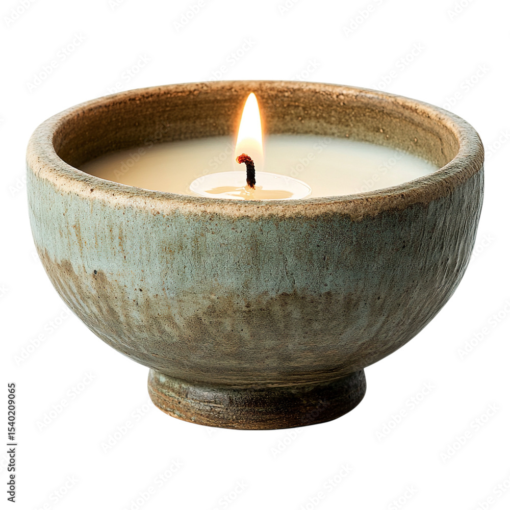 Burning Candle in Rustic Ceramic Bowl Tranquil Home Decor Burning Candle in Rustic Ceramic Bowl Tranquil Home Decor