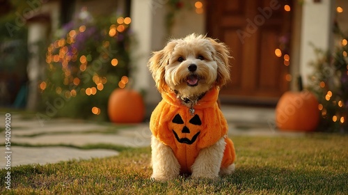 A cute puppy sitting in a pumpkin costume on the grass during the halloween holiday celebration time on transparent background