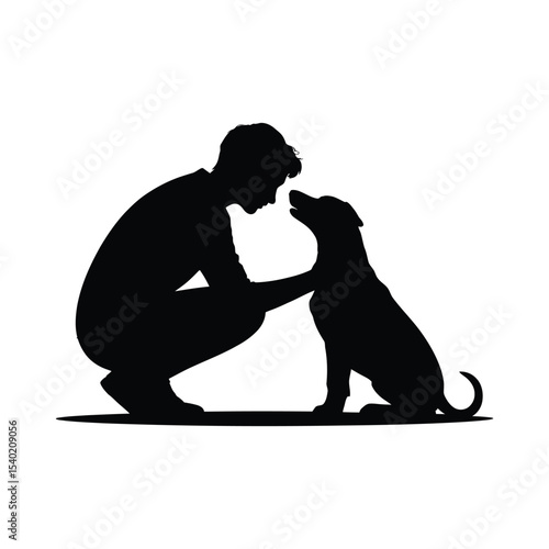 Silhouette of a person with their dog showing a moment of affection and love