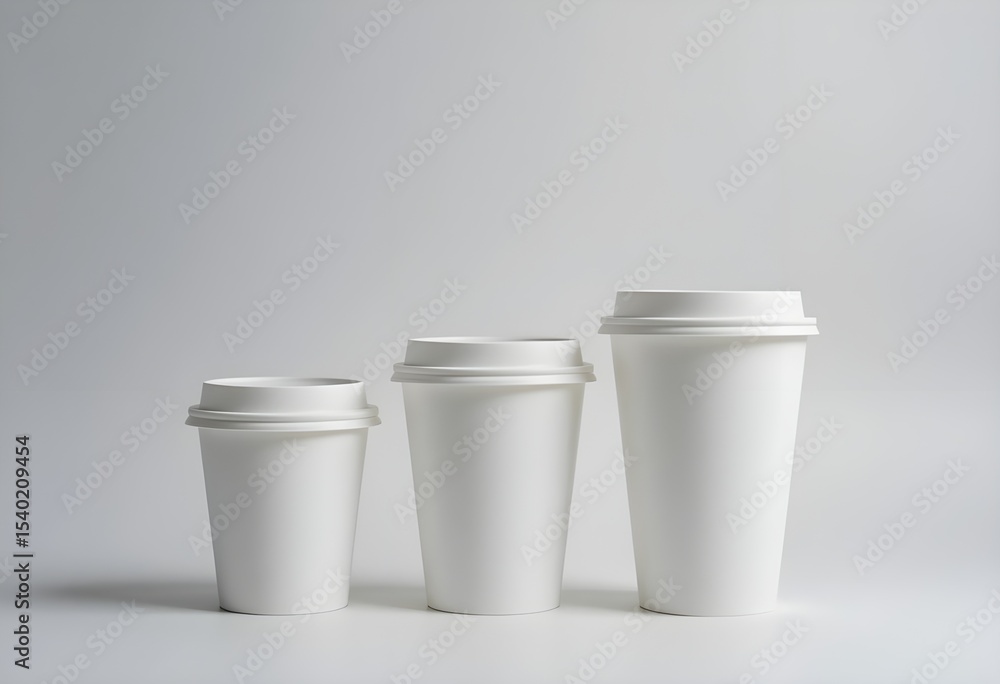 Minimalist Trio of White Disposable Coffee Cups in Varying Sizes – Clean Beverage Packaging Mockup Minimalist Trio of White Disposable Coffee Cups in Varying Sizes – Clean Beverage Packaging Mockup