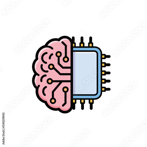 Simple colorful vector illustration, an icon of artificial intelligence with a cerebral chip, depicted with simple lines and thick strokes on a white background