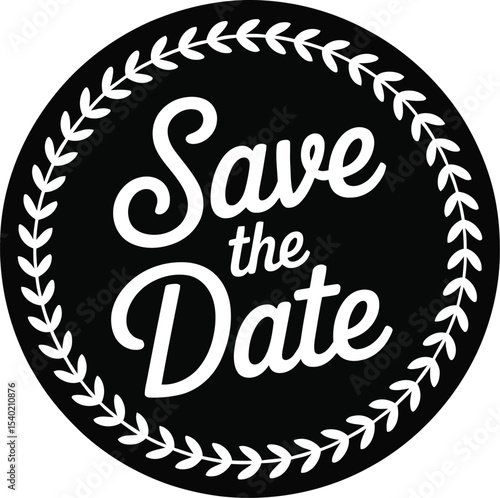 Save the date message in a black circle with a decorative border on a light tan background image view