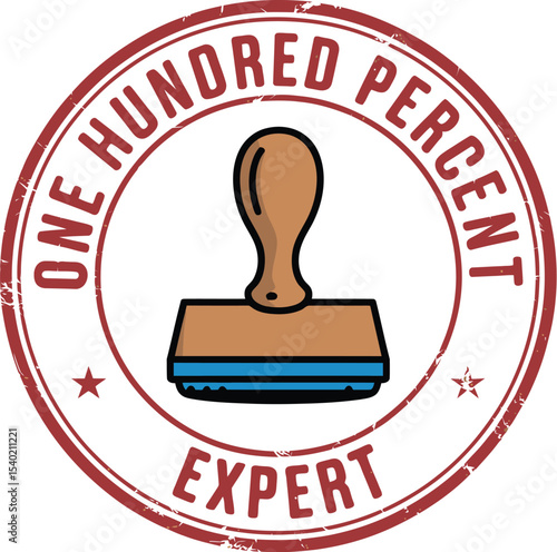 A vintage style stamp with the words one hundred percent expert and a stamp icon in the middle