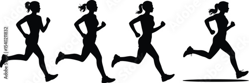 Three silhouettes of women running in unison against a white background in a side profile view