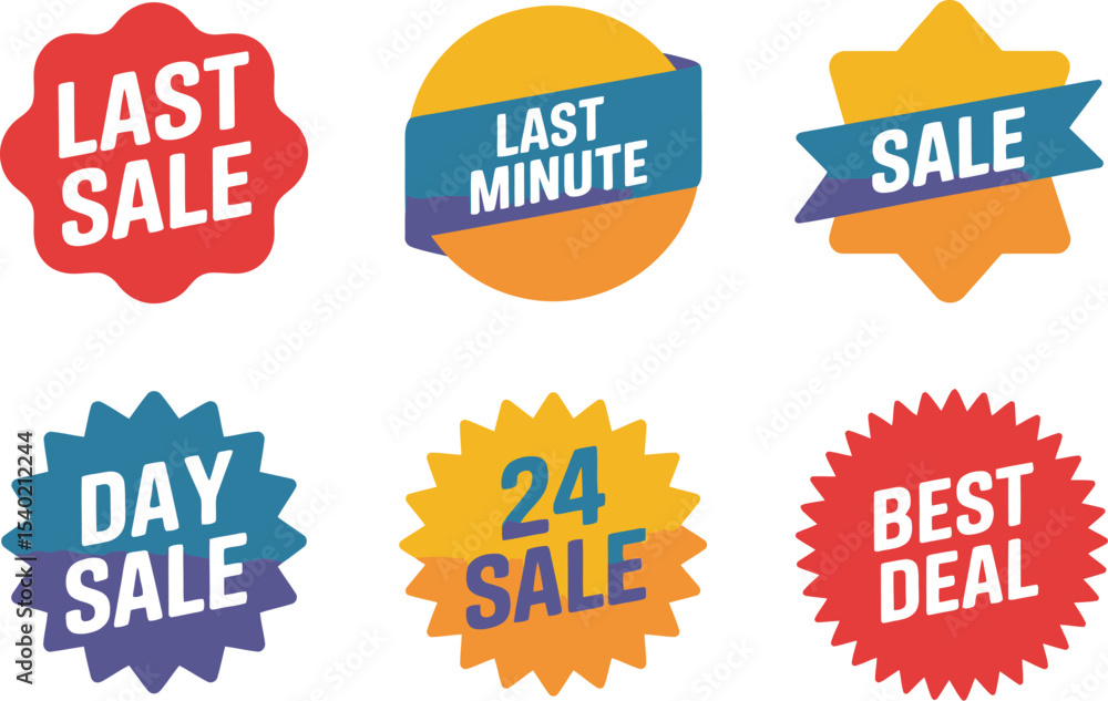 Collection of colorful sale badges with text on a white background advertising special offers and discounts Collection of colorful sale badges with text on a white background advertising special offers and discounts
