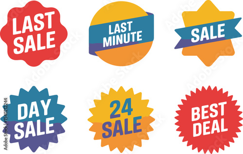 Collection of colorful sale badges with text on a white background advertising special offers and discounts