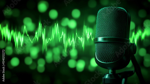 Vintage microphone with glowing sound wave symbolizing voice technology, set against dark background with copy space. Concept of audio innovation and communication.	