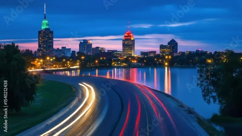 Twilight cityscape with reflections across riverfront
