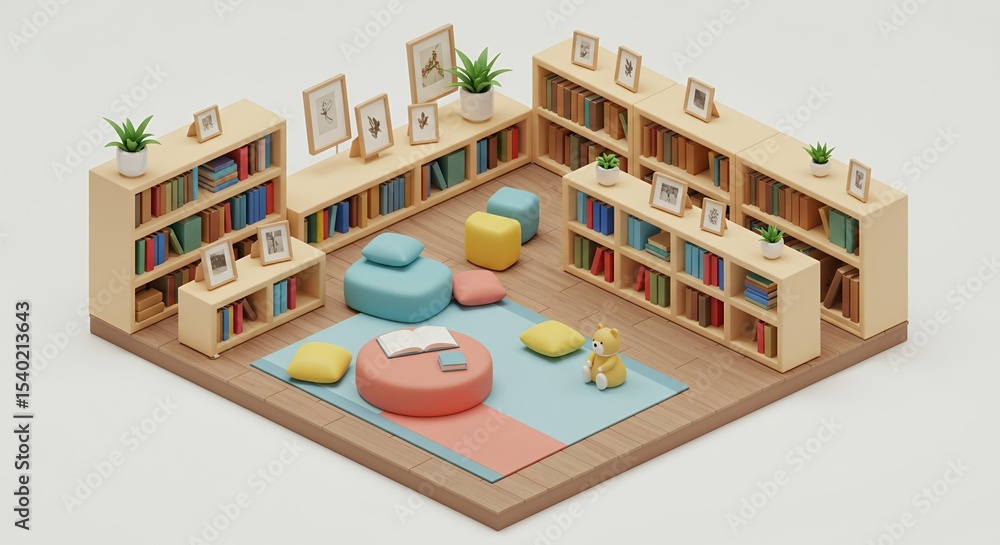 Fototapeta premium Isometric Children's Library with Bookshelves Cushions and Teddy Bear