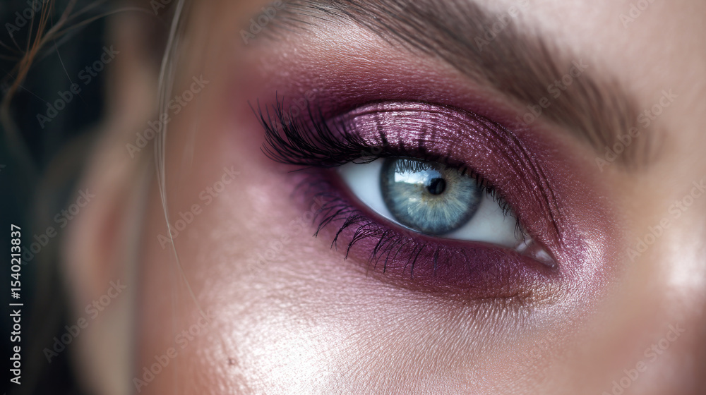 Obraz premium Close-up of an eye showcasing shimmering bronze and icy violet makeup tones with striking details