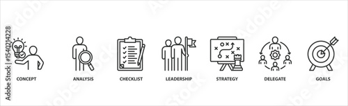 Planning banner web icon vector illustration concept with icon of concept, analysis, checklist, leadership, strategy, delegate and goals.