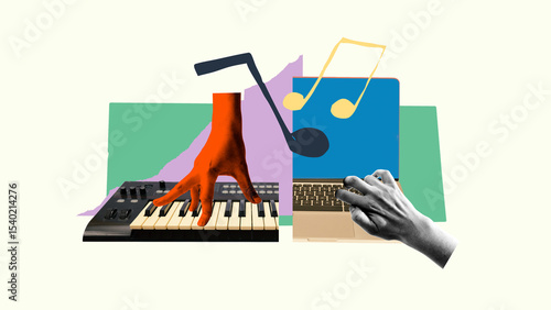 Fotografie Playful cut-out collage with retro pop colors shows hand pressing keyboard and typing laptop as music notes float above