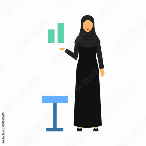 Illustration of a Middle Eastern businesswoman in abaya presenting a chart in office, confident and professional, flat design, white background