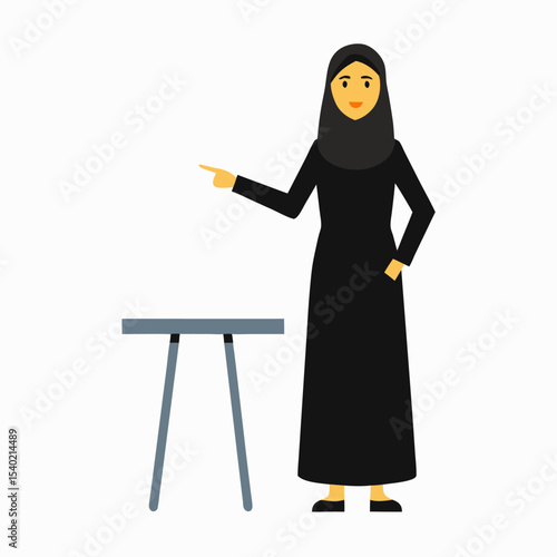 Illustration of a Middle Eastern businesswoman in abaya presenting a chart in office, confident and professional, flat design, white background