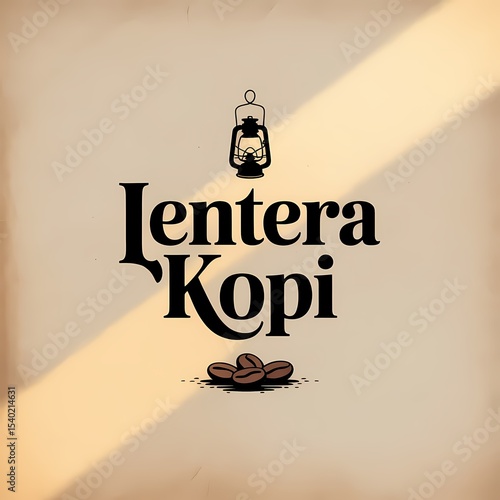 Lentera Kopi Coffee Shop Logo Design featuring a vintage oil lamp and coffee beans on a beige background.