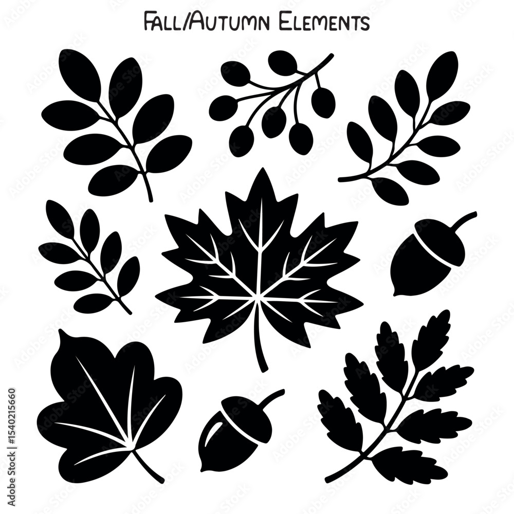 Obraz premium Black Autumn Silhouette Set, Fall Vector Set, Autumn Silhouette Icons, Autumn Bundle Silhouette Illustration on a White Background