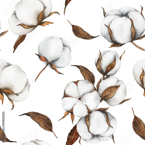 Cotton Plants Seamless Background. Botanical Background with   cotton balls. Floral Watercolor Illustration. Hand painted watercolor cotton branches. 
Watercolor cotton flowers seamless print
