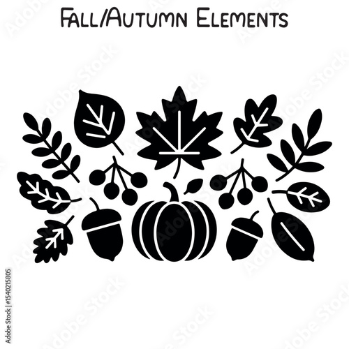 Black Autumn Silhouette Set, Fall Vector Set, Autumn Silhouette Icons, Autumn Bundle Silhouette Illustration on a White Background