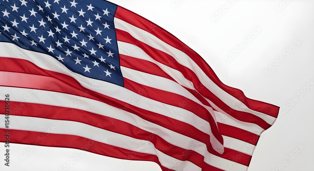 Fototapeta premium U.S. flag waving gracefully on white background, highlighting vibrant colors and flowing fabric.