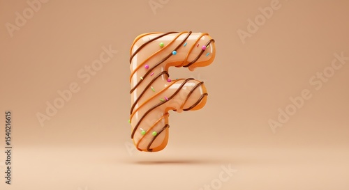 Letter F Donut Font with Chocolate Glaze and Sprinkles on Beige