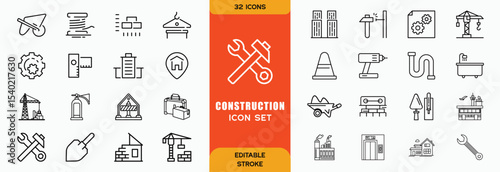 Construction line icons set. Home repair tools outline icons collection. Construction tools, builders and equipment symbols. Builder, crane, engineering, equipment, helmet, tool, house - stock vector