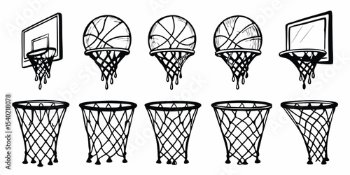 Black and White Basketball Hoop and Net Illustrations: Sports Equipment and Game Icons