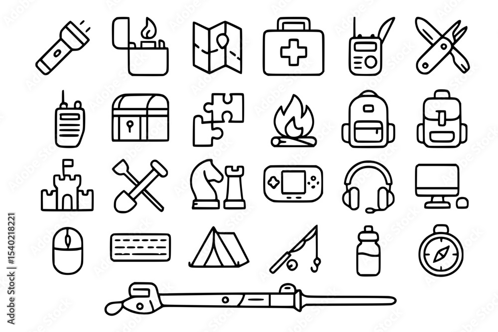 Obraz premium Multipurpose Survival and Outdoor Adventure Line Icons Set. Survival, outdoor, adventure, camping, hiking, exploration, flashlight, lighter, map, navigation, first aid kit, medical, walkie-talkie, rad