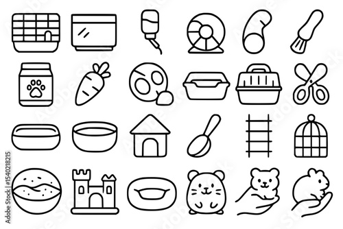 Cute Rodent and Small Pet Supplies Line Icons Set. Rodent, pet, small animal, hamster, guinea pig, rabbit, mouse, gerbil, cage, enclosure, aquarium, water bottle, food bowl, exercise wheel, tunnel, br