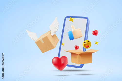 3D Vector Illustration Rendering of Mobile Phone with Parcel Box, Flying and Open, Laughing Emoji, Heart, Lock and Star. Fun Online Shopping, Reviews, Satisfaction, Fast Parcel Delivery System.