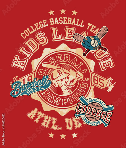 College league athletic department baseball kids team vintage vector print for children kid baby sport wear for shirt sweatshirt with embroidery patches