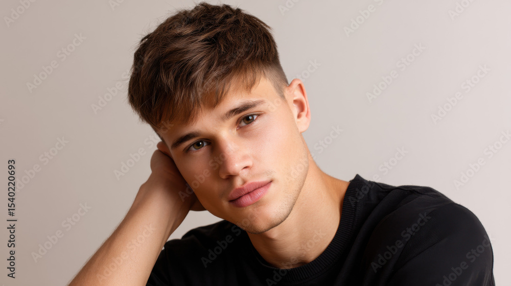 Stylish young male model with modern haircut looking at camera, isolated on light background, perfect for fashion campaigns and social media ads Stylish young male model with modern haircut looking at camera, isolated on light background, perfect for fashion campaigns and social media ads