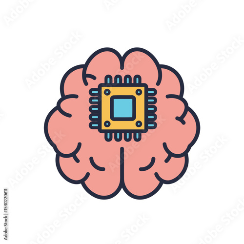 A simple colorful vector icon of artificial intelligence, featuring a brain with a thick-lined cerebral chip inside