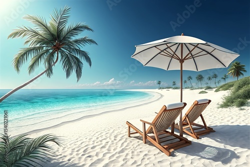 Wallpaper Mural Relaxing beach scene with two lounge chairs and umbrella Torontodigital.ca