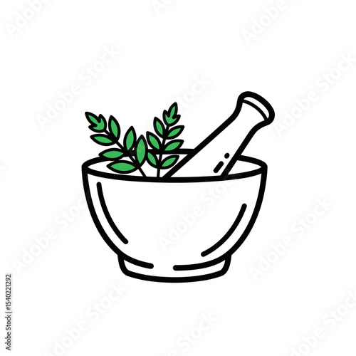 White mortar and pestle with green herbs on a white background