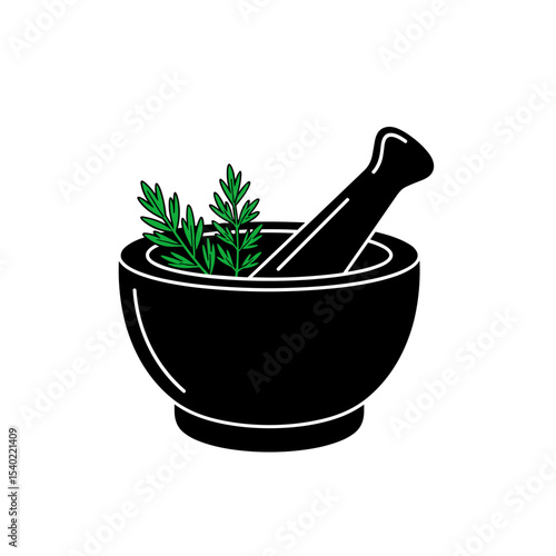 Black mortar and pestle with green herbs on a white background