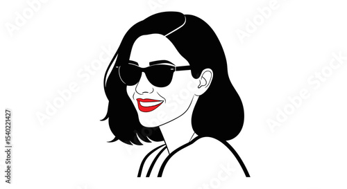 Stylish woman with sunglasses and red lips on a white background
