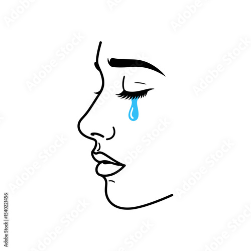 Profile of a woman with a blue tear on a transparent background